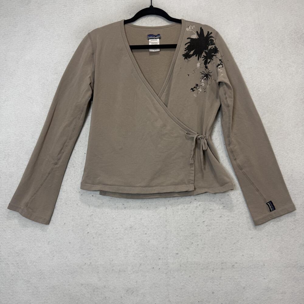 Patagonia T-Shirt Womens Large Beige Wrap V Neck Floral Long Sleeve Jersey Top